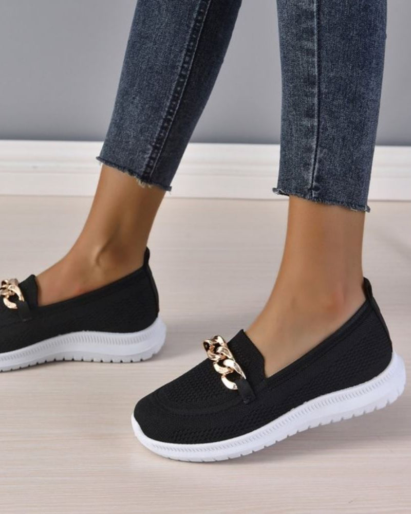 Women's Knit Slip-On Loafers – Lightweight Comfort & Chain Detail