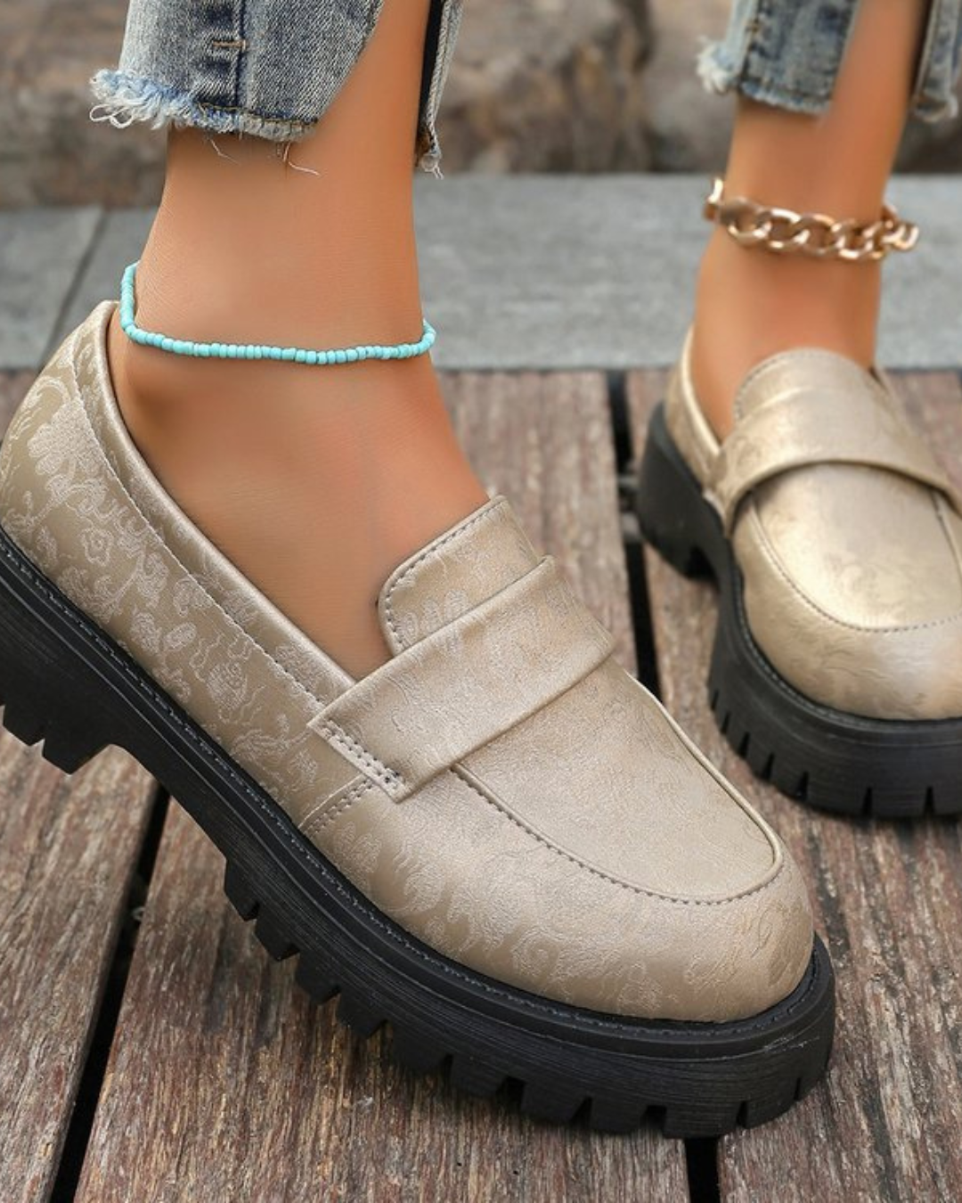 Women’s Chunky Platform Slip-On Loafers – Slip-On Embossed Style