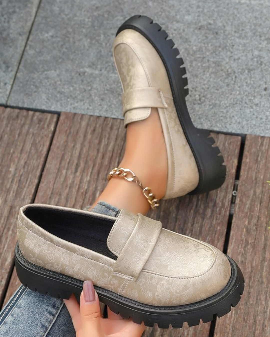 Women’s Chunky Platform Slip-On Loafers – Slip-On Embossed Style
