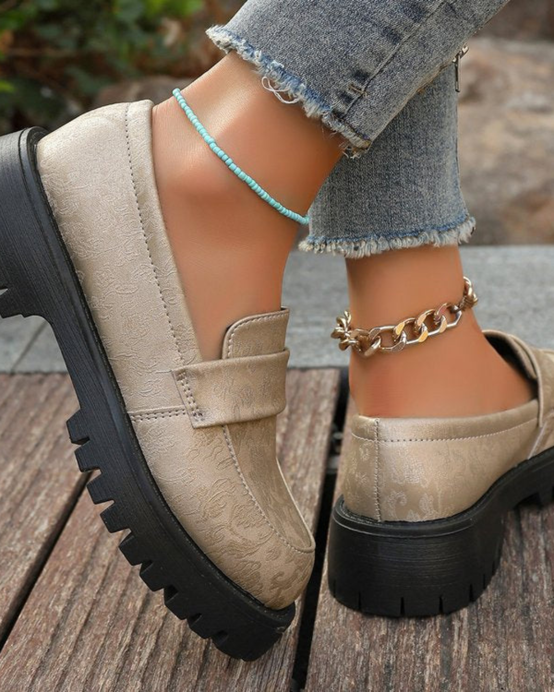 Women’s Chunky Platform Slip-On Loafers – Slip-On Embossed Style