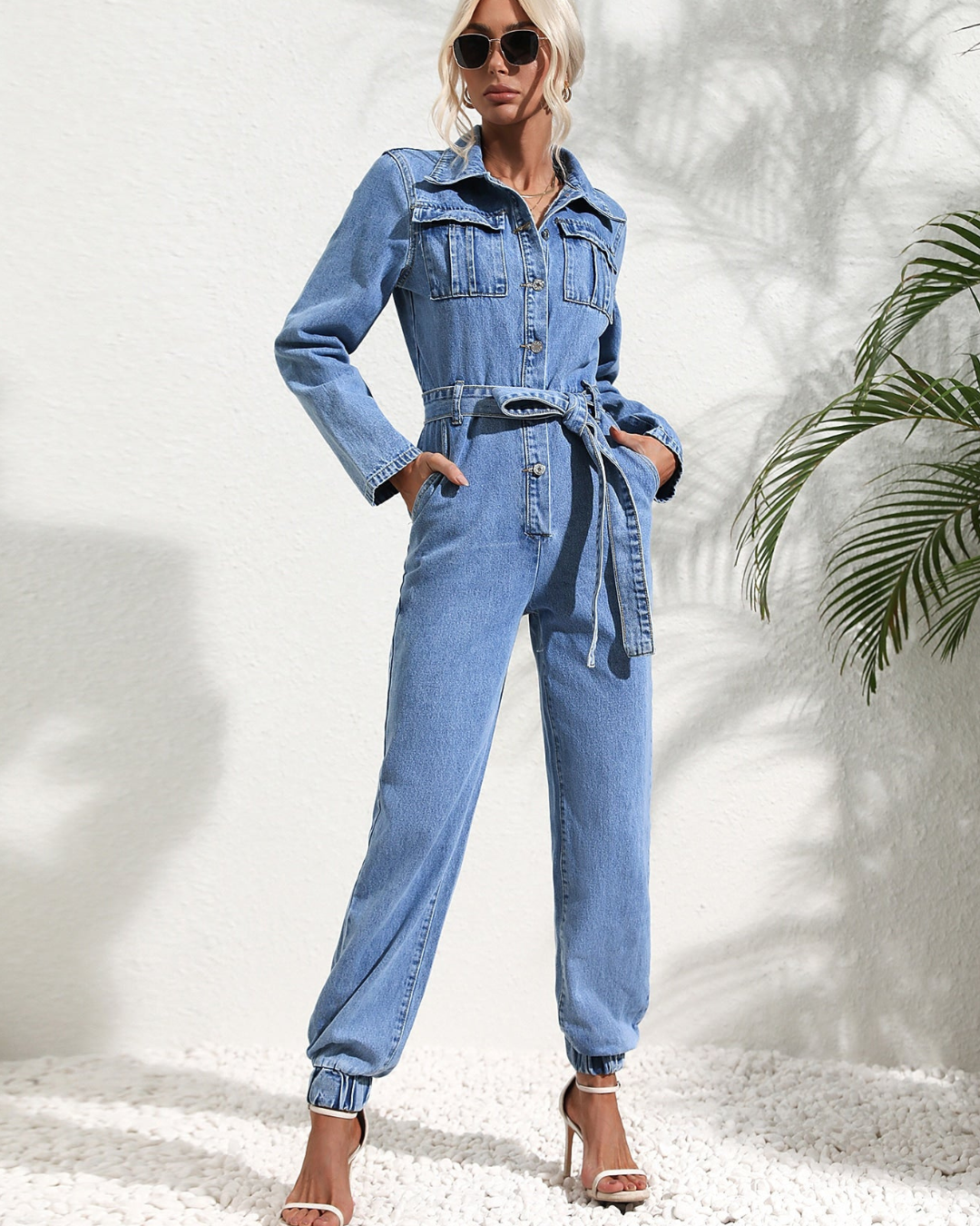 Women's Denim Belted Jumpsuit with Button Front & Pockets