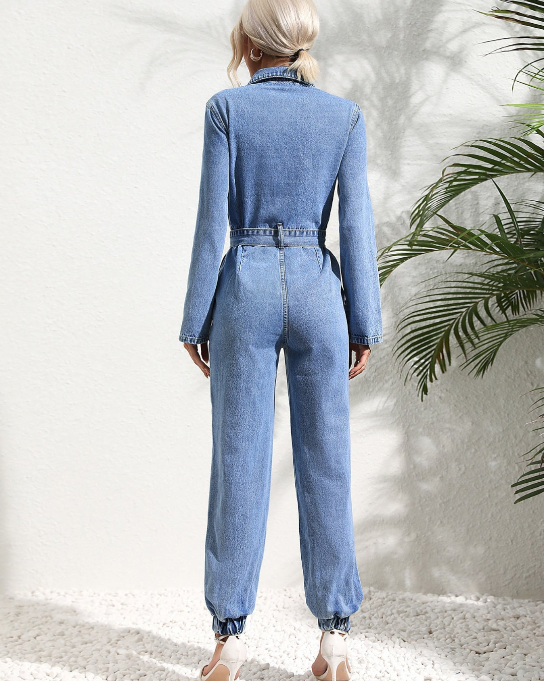 Women's Denim Belted Jumpsuit with Button Front & Pockets