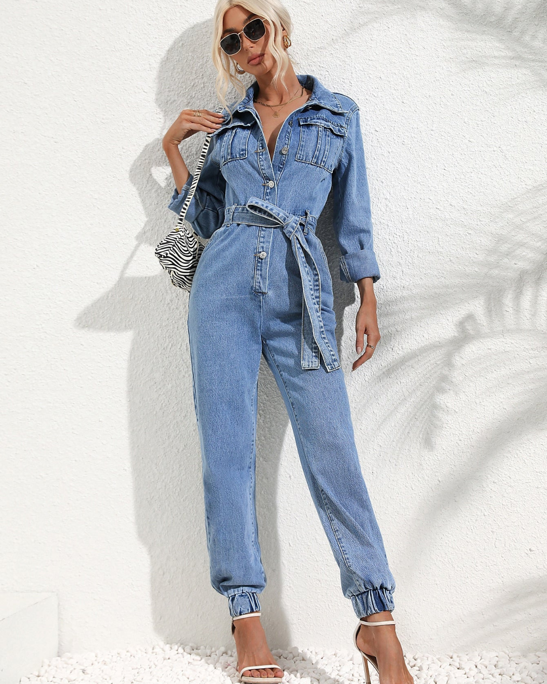Women's Denim Belted Jumpsuit with Button Front & Pockets