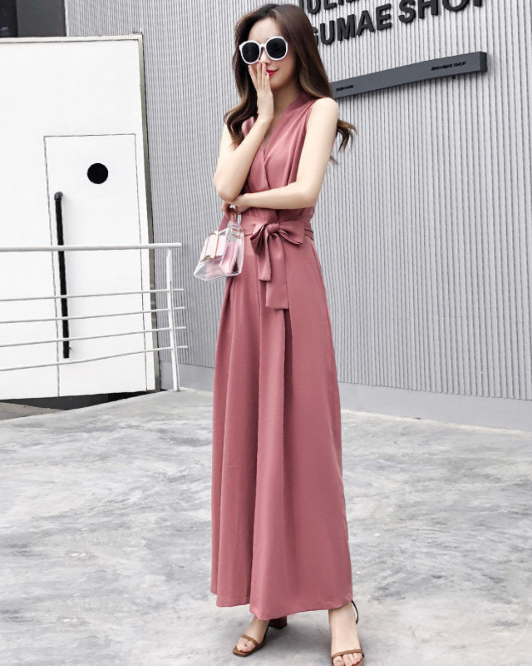 Women's Elegant Sleeveless Jumpsuit with Waist Tie & Wide Legs