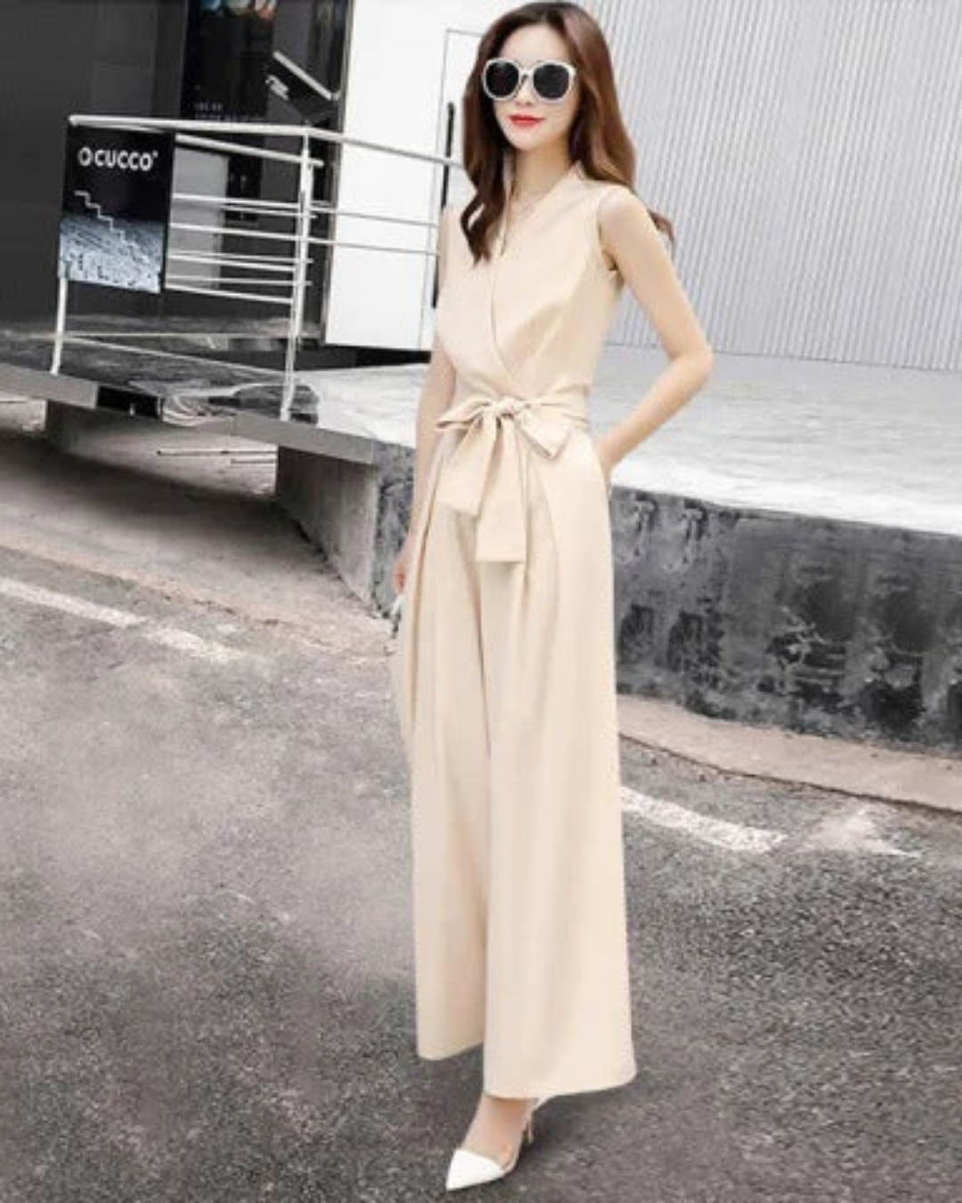 Women's Elegant Sleeveless Jumpsuit with Waist Tie & Wide Legs