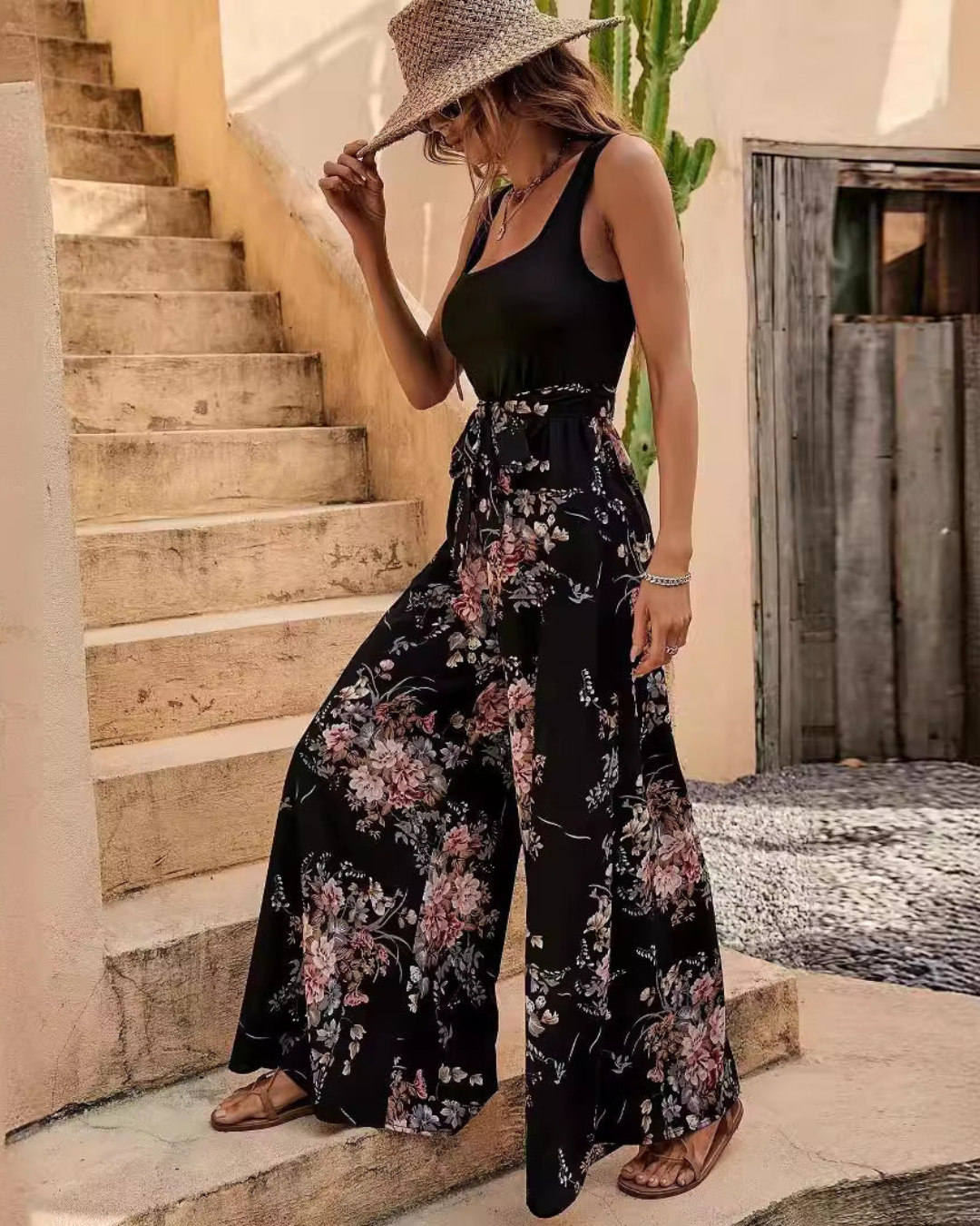 Women's Floral Print Wide-Leg Jumpsuit – Sleeveless & Lightweight