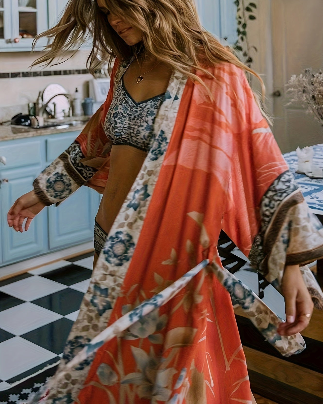 Women's Long Floral Kimono – Lightweight Belted Cover-Up