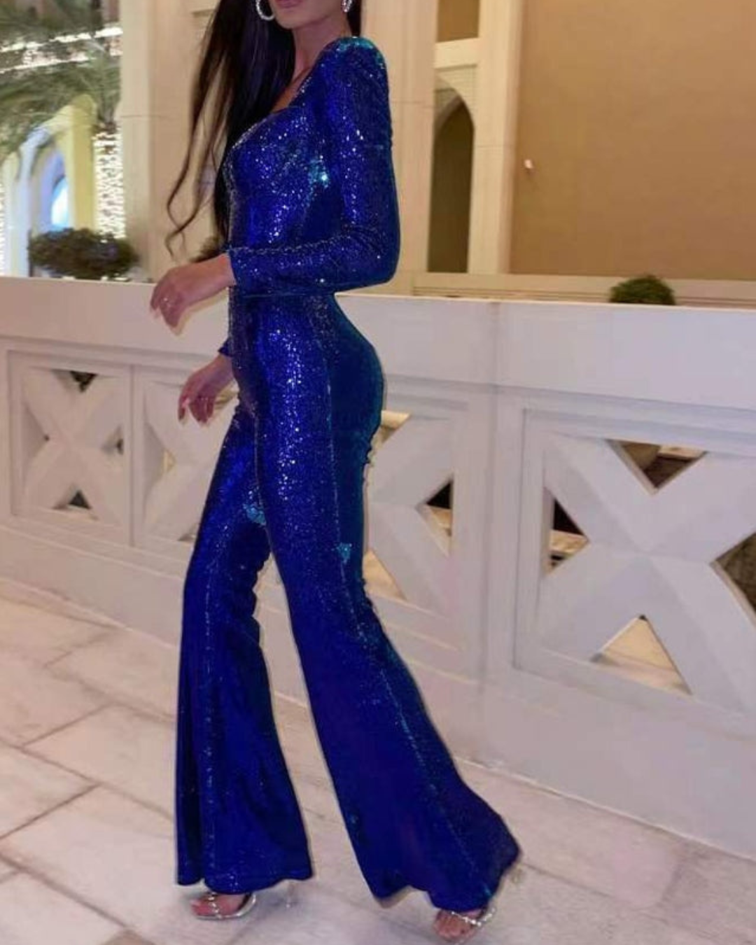 Women's Sequin Party Jumpsuit – Long Sleeve & Flared Leg