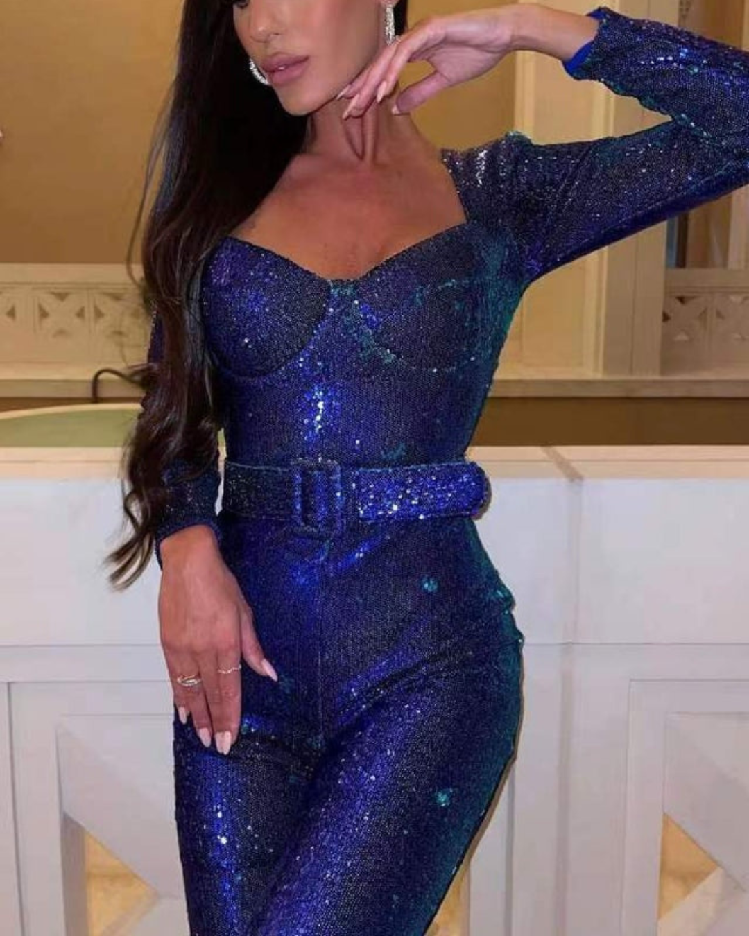 Women's Sequin Party Jumpsuit – Long Sleeve & Flared Leg