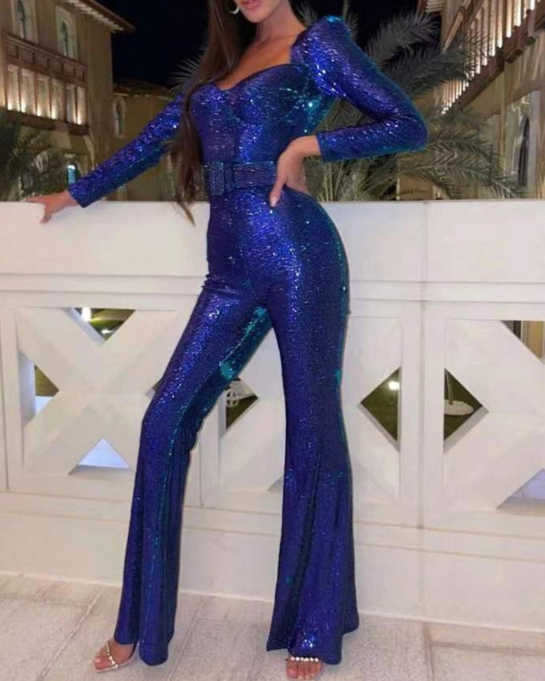 Women's Sequin Party Jumpsuit – Long Sleeve & Flared Leg
