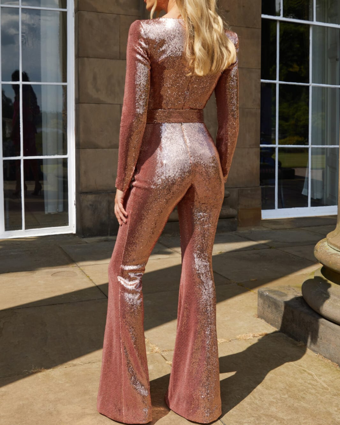 Women's Sequin Party Jumpsuit – Long Sleeve & Flared Leg