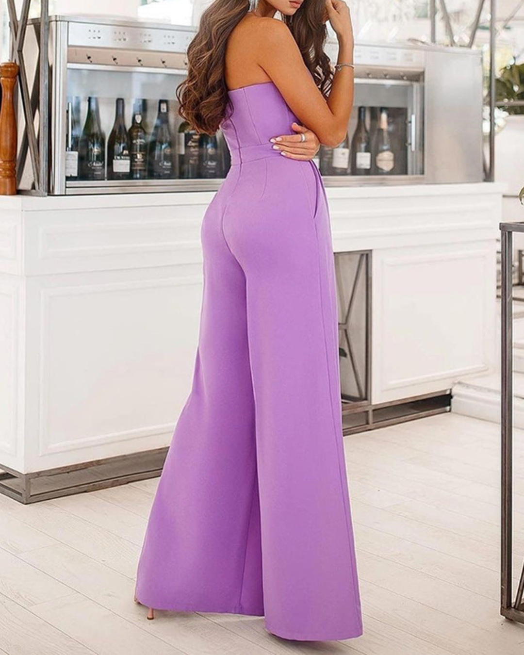 Women's Strapless Wide-Leg Jumpsuit with Slit Legs – Elegant Fit
