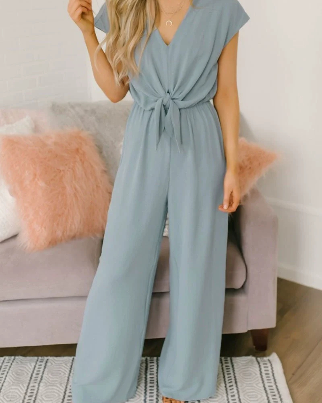 Women's V-Neck Tie Waist Jumpsuit – Wide Leg & Cap Sleeves